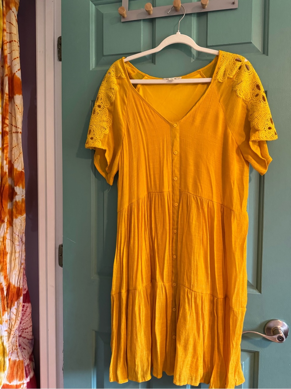Indigo Rose; Yellow Button-Front Tiered Midi Dress with Lace Sleeves